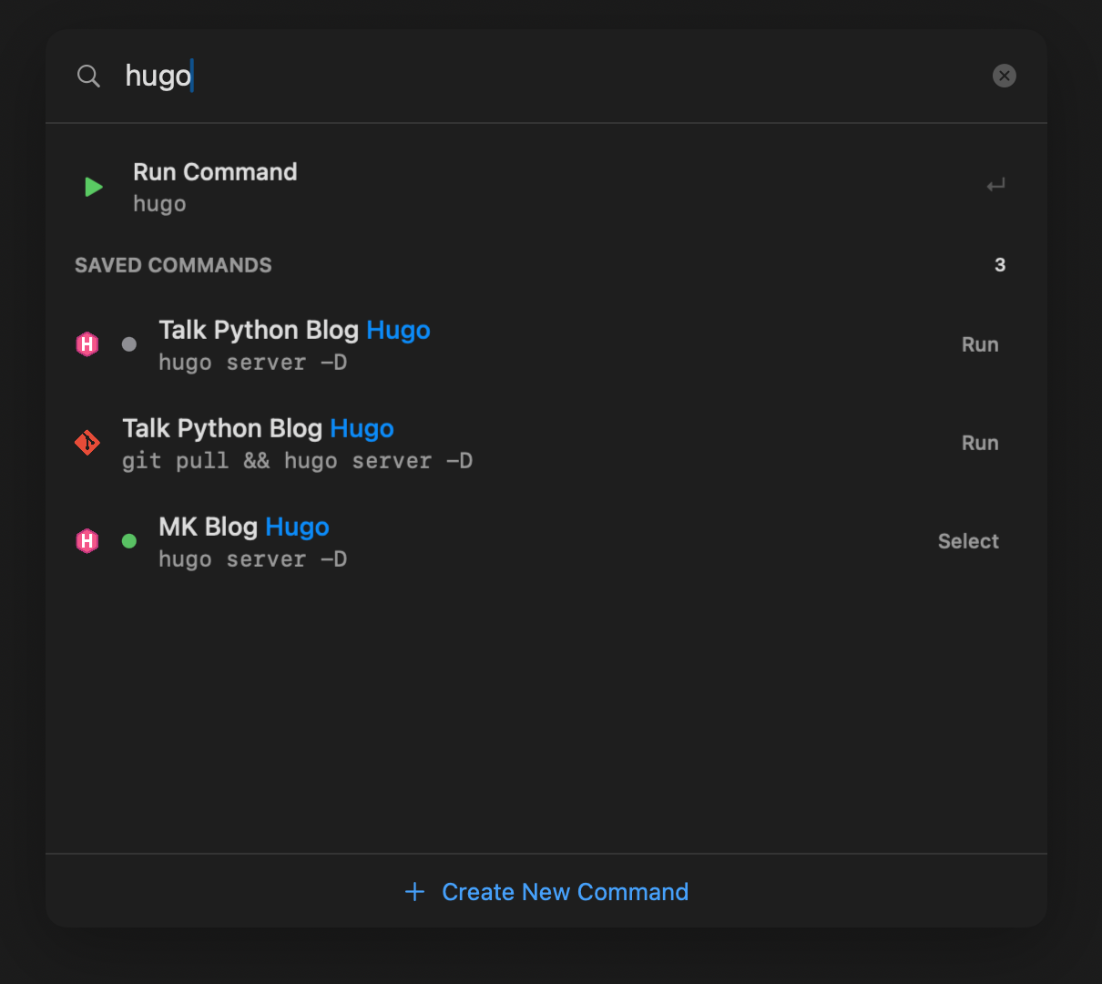 Command palette showing saved commands with running status