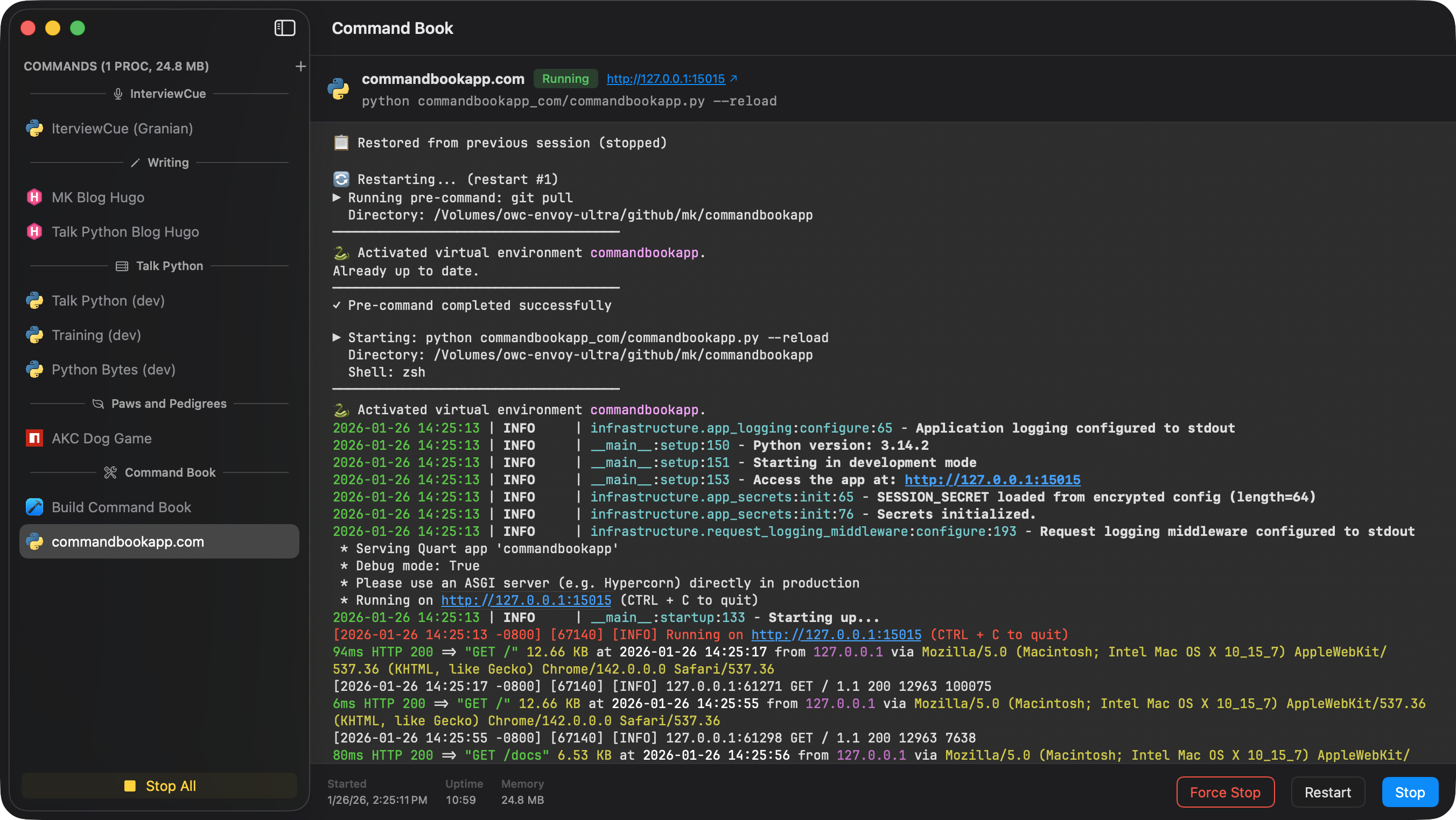 Command Book running multiple processes with color output