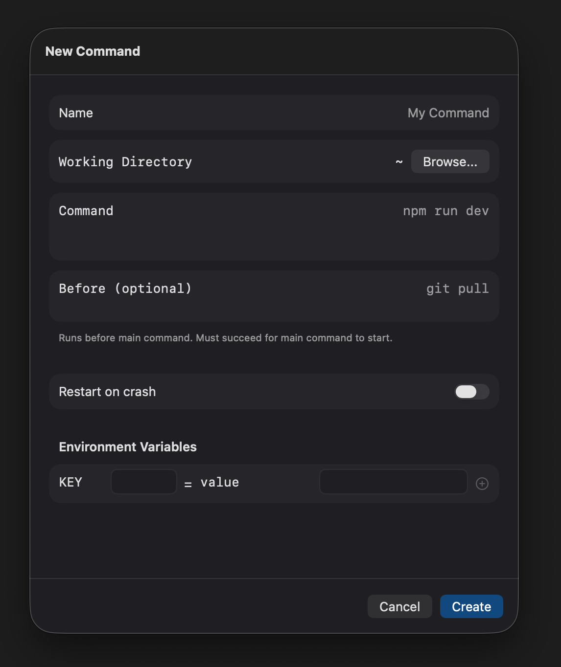 Creating a new command with working directory and pre-commands